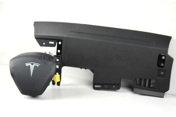 2020-2025 Tesla Model Y Driver Wheel + Left Knee Airbag Pair Black Genuine OEM